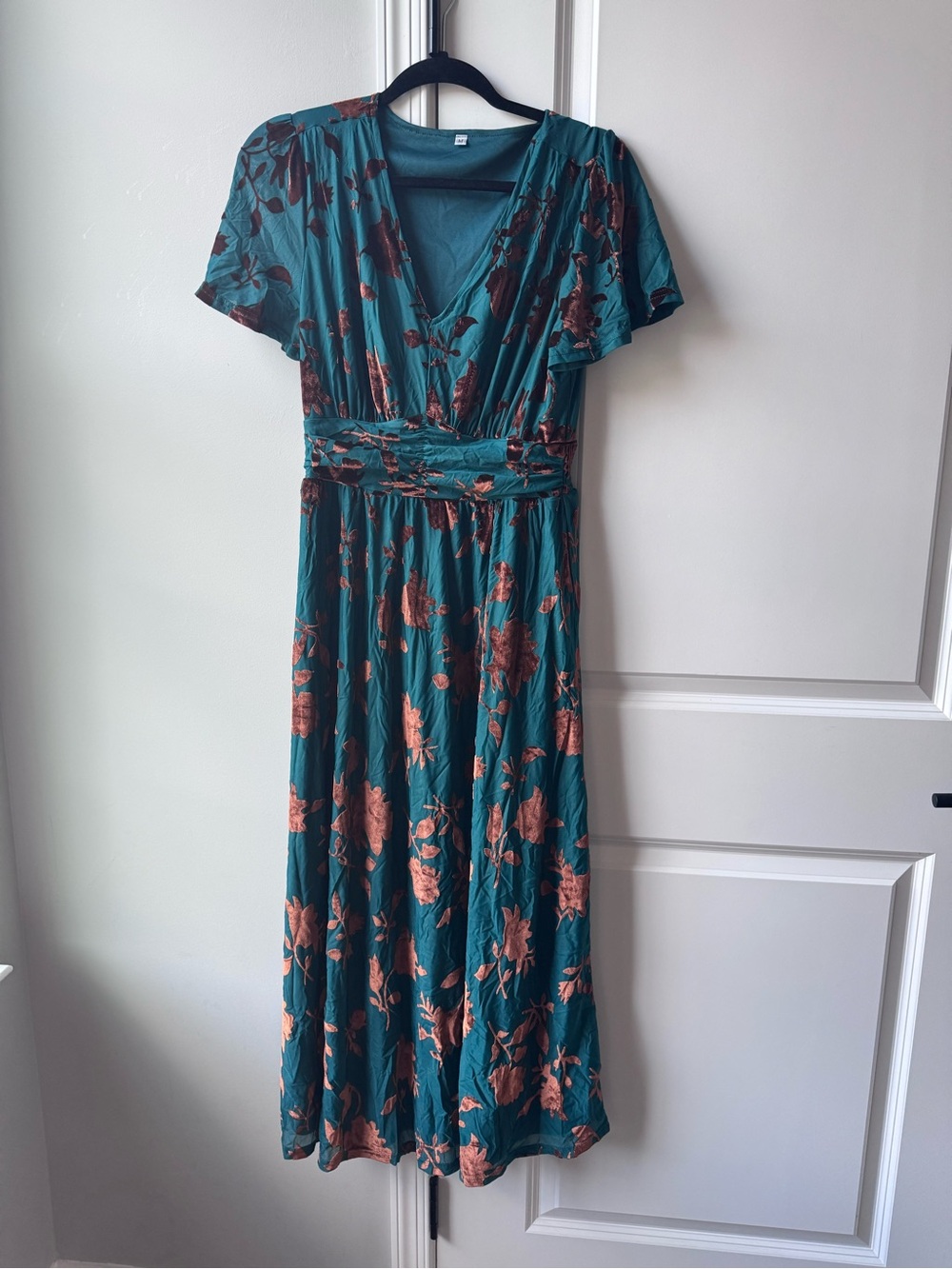 Emerald Green Maxi Dress with Copper Colored Velvet Floral Print